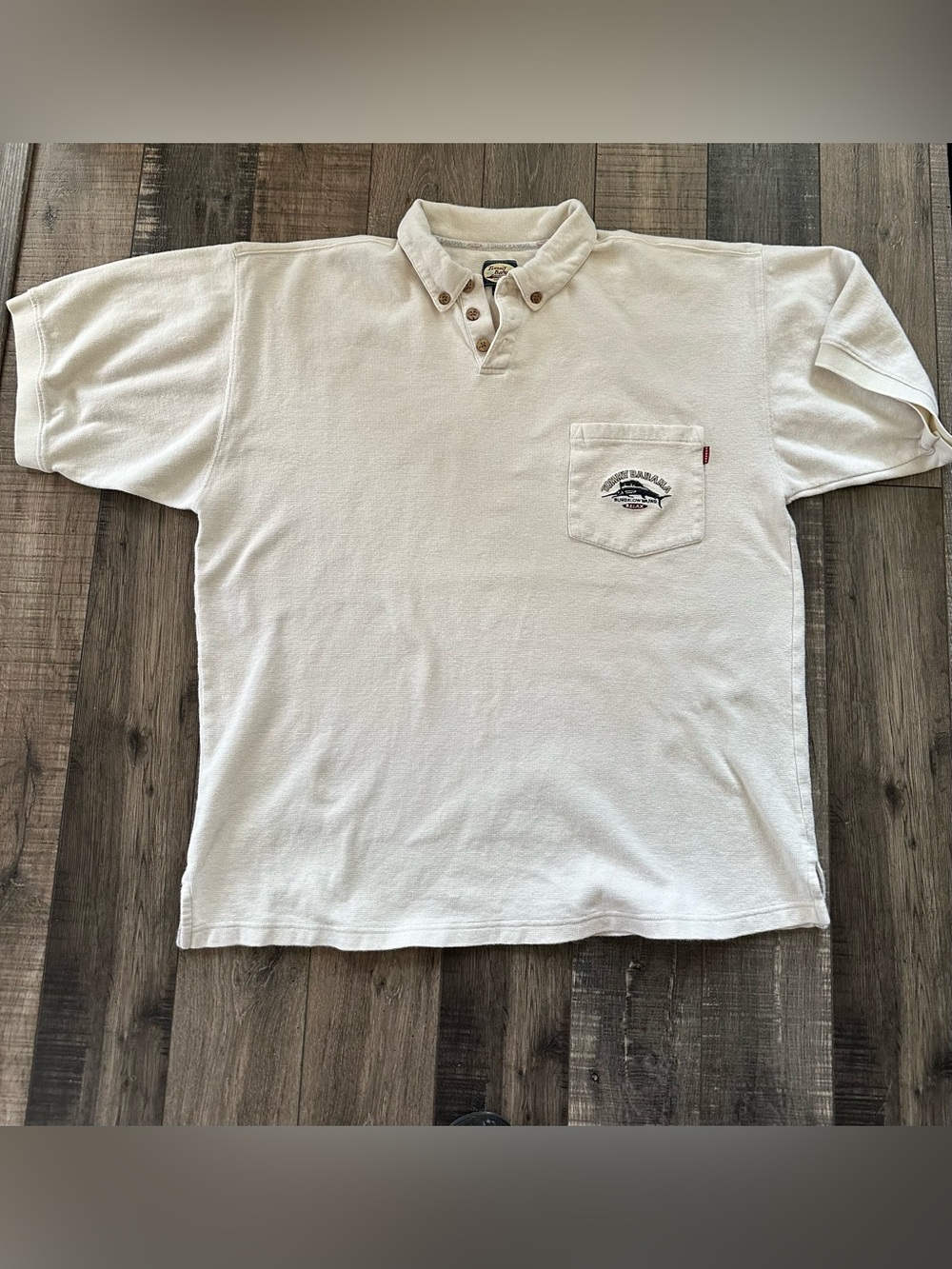 Tommy Bahama Mens 100% Cotton Polo Shirt Off White Cream Pocket Marlin Logo Lg
